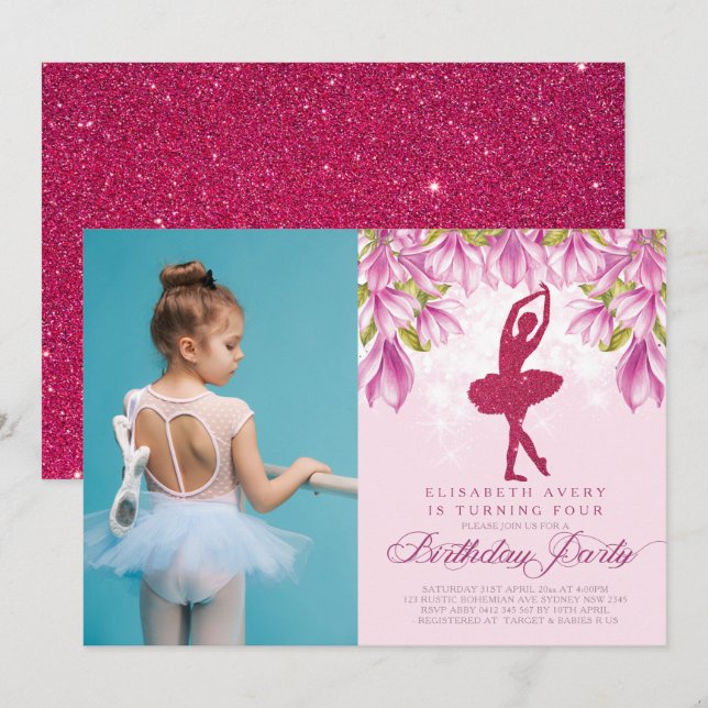 Ballerina Pink Birthday Photo Invitation (Front/Back)