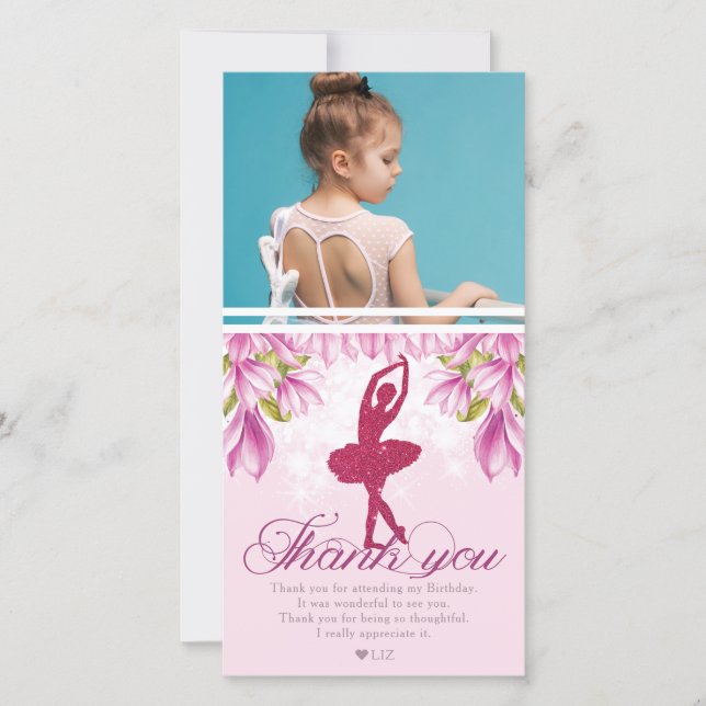 Ballerina Pink Birthday Photo Thank You Card (Front)