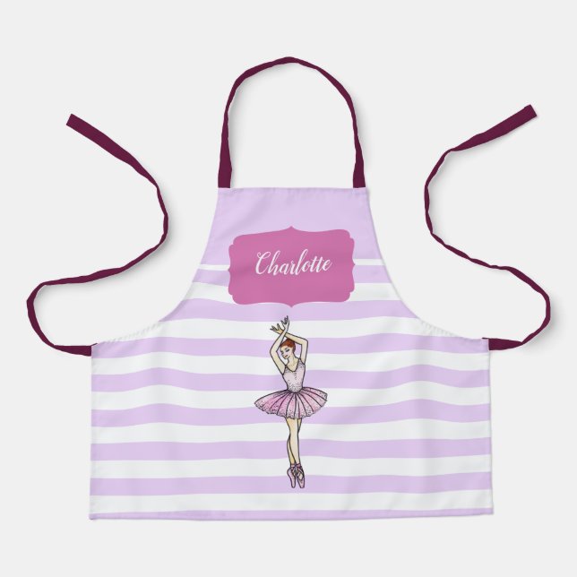 Ballerina Pink Dress Purple White Stripes Pattern Apron (Front)