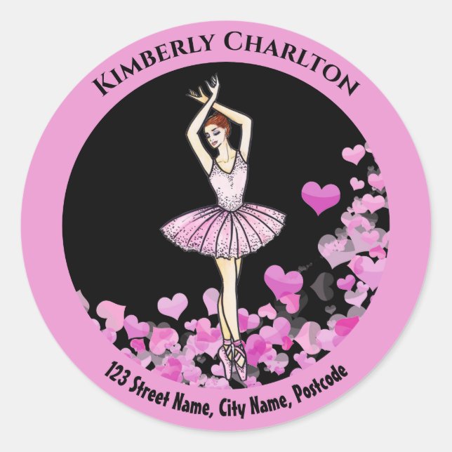 Ballerina Pink Dress with Hearts Black Background Classic Round Sticker (Front)