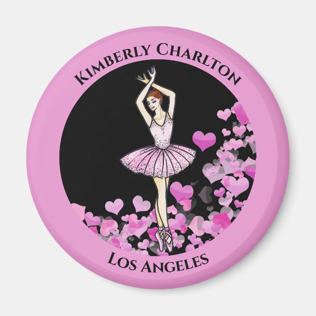 Ballerina Pink Dress with Hearts Black Background Magnet (Front)