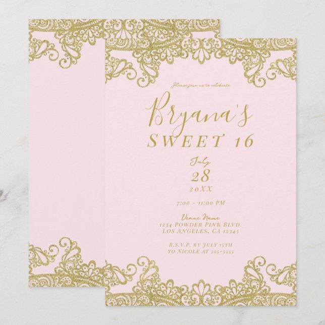 Ballerina Pink & Gold Glitter Lace Sweet 16 Party Invitation (Front/Back)