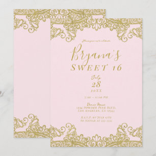 Ballerina Pink & Gold Glitter Lace Sweet 16 Party Invitation