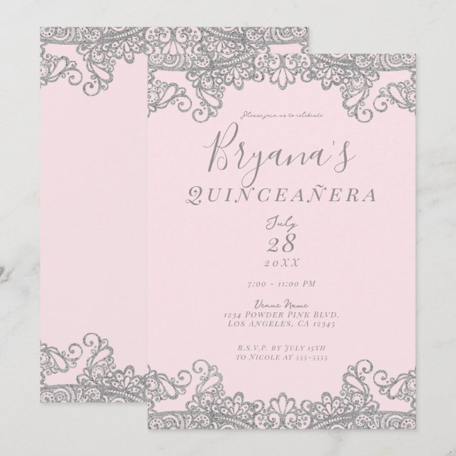 Ballerina Pink Silver Glitter Lace Quinceañera    Invitation (Front/Back)