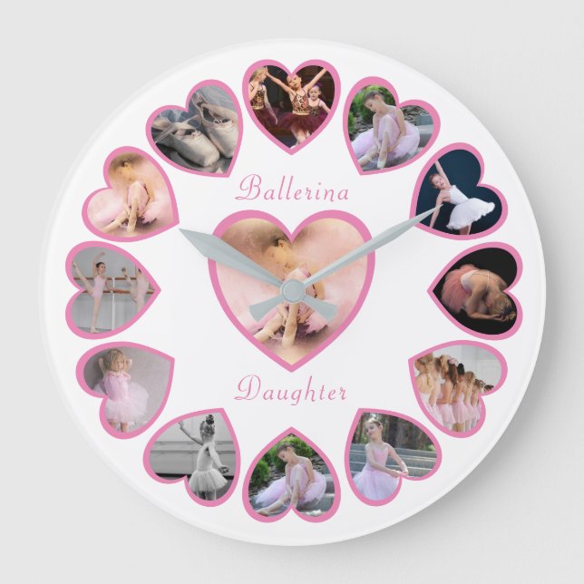 Ballerina Pink White Photo Collage Large Clock (Front)