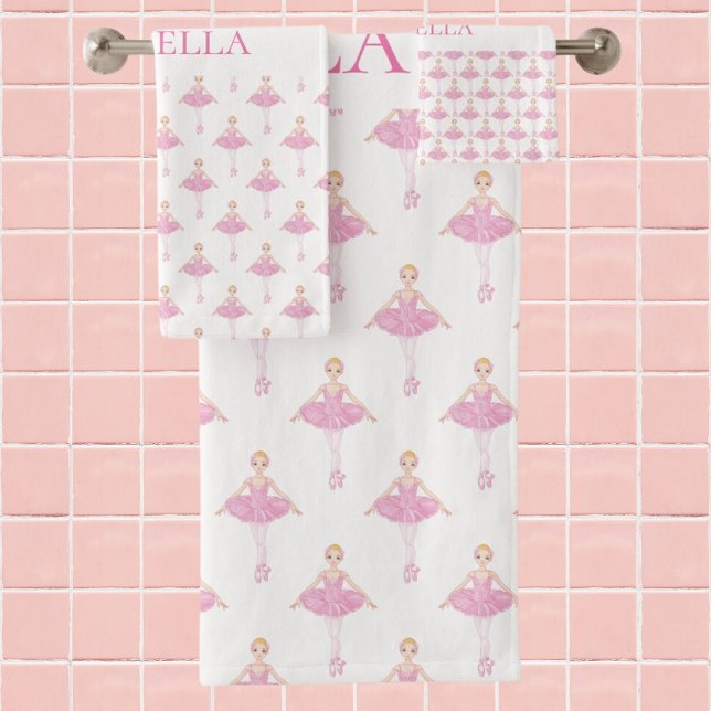 Ballerina princess dancer pink white girl monogram bath towel set (Creator Uploaded)