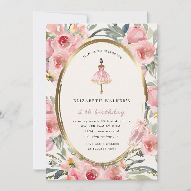 ballerina princess floral blush birthday party inv invitation (Front)