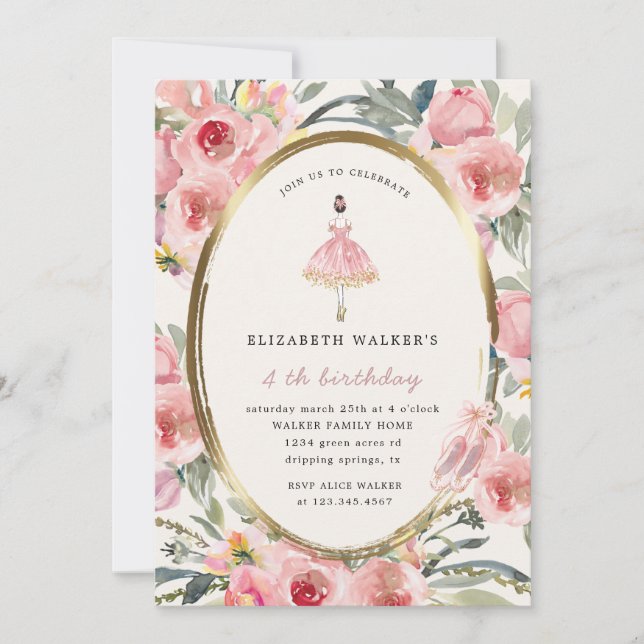 ballerina princess floral blush birthday party invitation (Front)