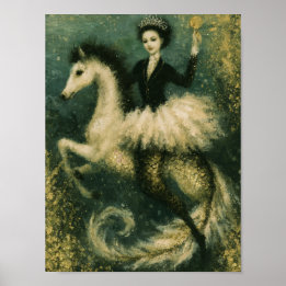 Ballerina Queen on Her Mermaid Seahorse Poster