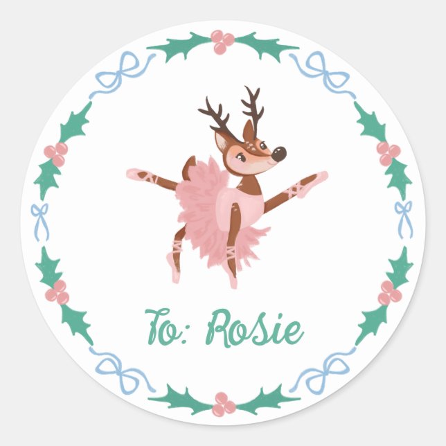 Ballerina Reindeer and Bows Christmas Classic Round Sticker (Front)