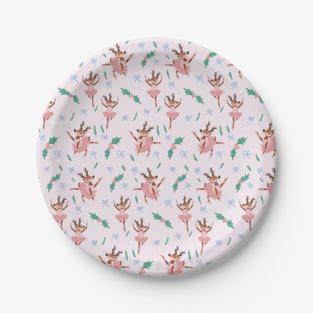 Ballerina Reindeer and Bows Christmas Paper Plate (Front)