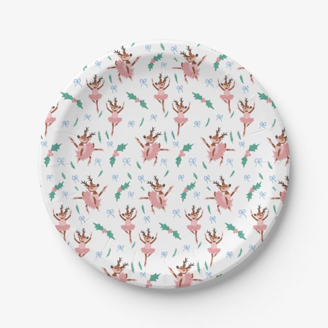 Ballerina Reindeer and Bows Christmas Paper Plate (Front)