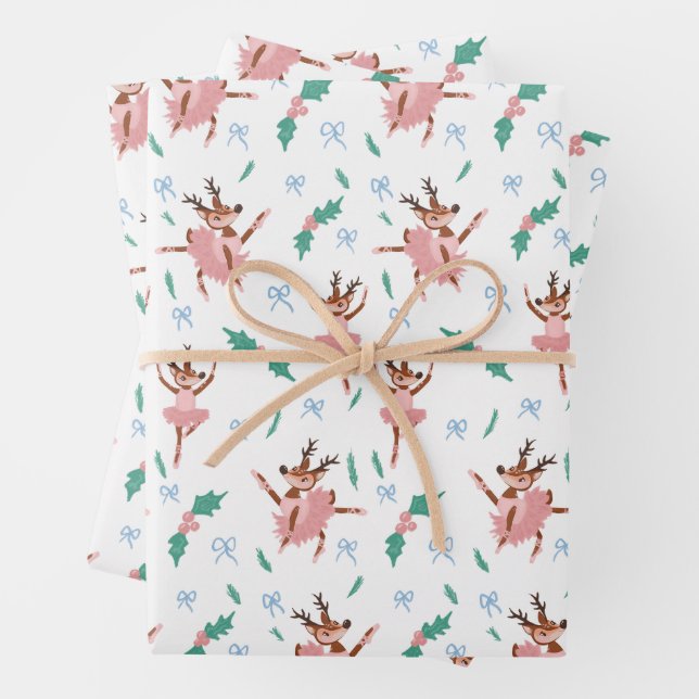 Ballerina Reindeer and Bows Christmas Wrapping Paper Sheet (In situ)