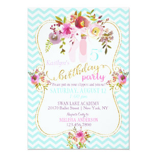 Ballerina Shoes Floral Chevron Birthday Invitation