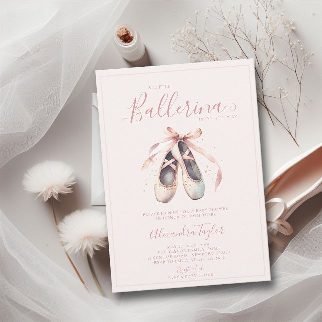 Ballerina Shoes Pink Blush Gold Baby Girl Shower Invitation (little ballerina baby girl shower invitation pink blush gold ballet shoes watercolor cute adorable)