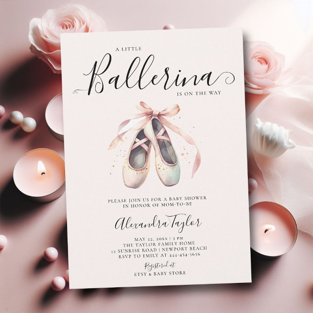 Ballerina Shoes Pink Bow Gold Baby Girl Shower Invitation (little ballerina baby girl shower invitation pink gold ballet shoes watercolor cute adorable)