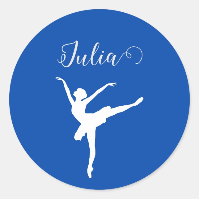 ballerina silhouette  cobalt  blue & white classic round sticker (Front)
