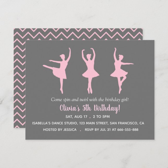 Ballerina Silhouette Girls Birthday Party Invitation (Front/Back)