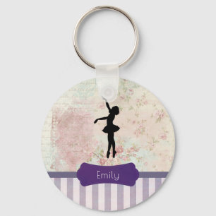 Ballerina Silhouette on Elegant Vintage Pattern Key Ring
