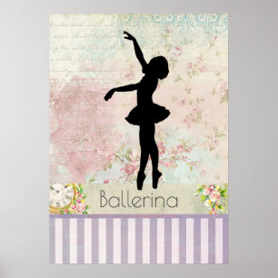 Ballerina Silhouette on Elegant Vintage Pattern Poster