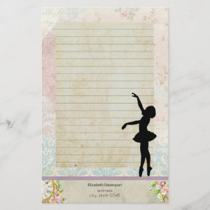 Ballerina Silhouette on Vintage Pattern Lined Stationery