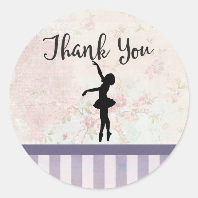 Ballerina Silhouette on Vintage Pattern Thank You Classic Round Sticker (Front)