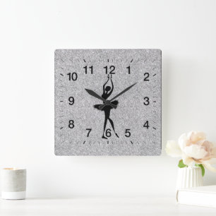 Ballerina Silhouette Silver Glitter Square Wall Clock