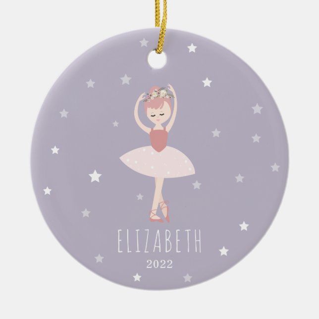 Ballerina Stars Purple Little Girl Christmas Ceramic Ornament (Front)
