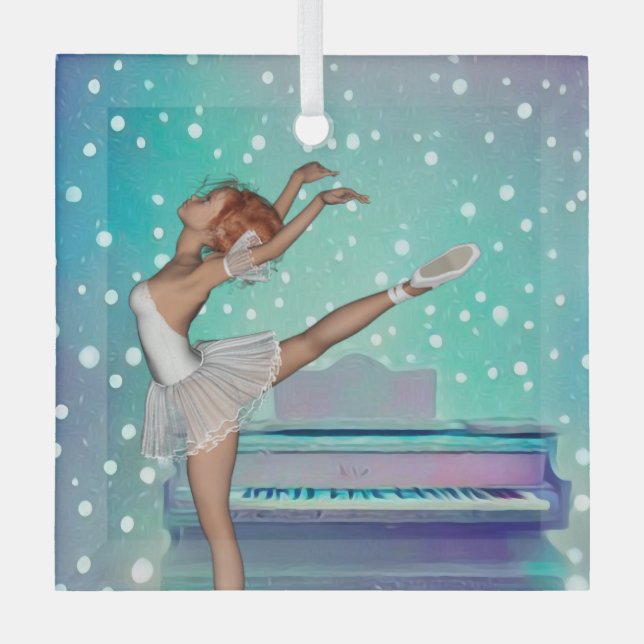 Ballerina & Teal Piano Background Glass Tree Decoration (Front)
