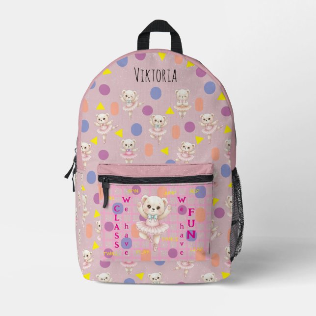 Ballerina Teddy Bear Pink Seamless Pattern  Printed Backpack (Front)