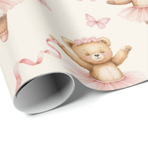Ballerina Teddy Bears Pink Tutus and Butterflies Wrapping Paper
