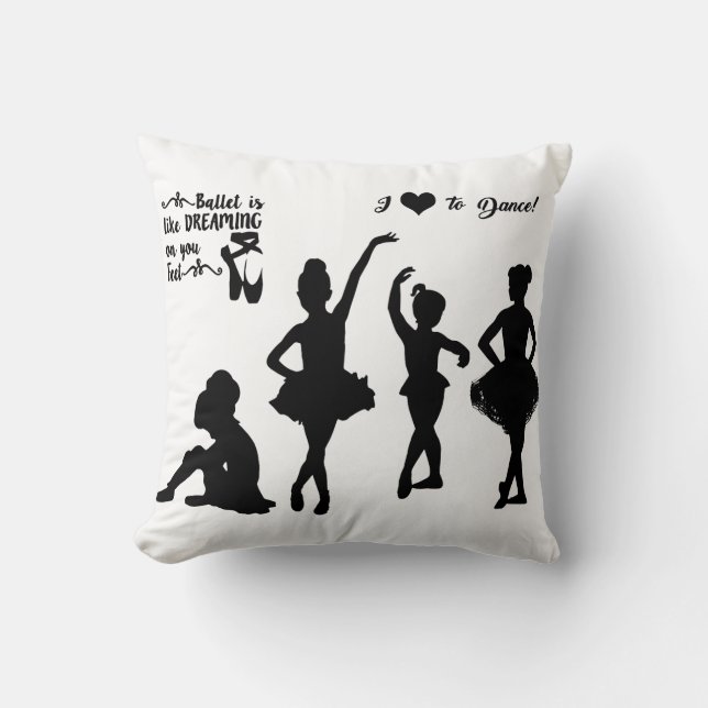 Ballerina throw pillow in white and black. (Front)