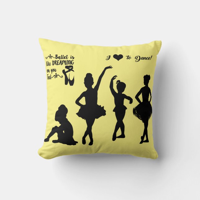 Ballerina throw pillow in yellow and black. (Front)