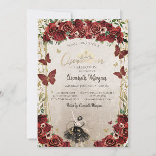 Ballerina,Tiara,Red Flowers  Quinceañera  Invitation