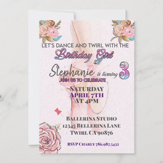 Ballerina turning 3 birthday invitation (Front)