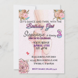 Ballerina turning 3 birthday party invitation