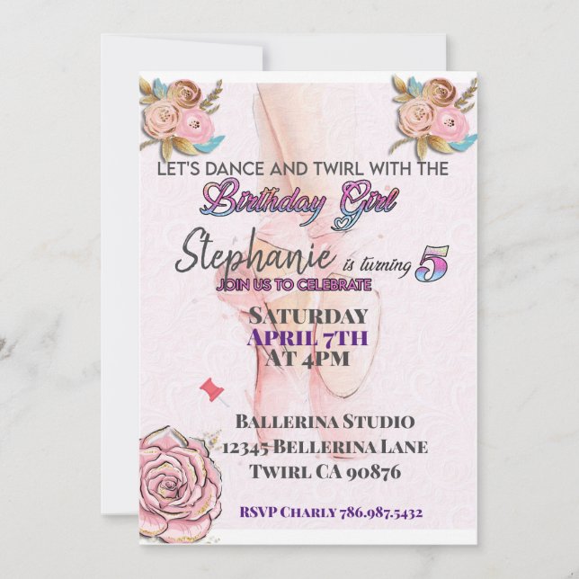 Ballerina turning 5 birthday invitation (Front)