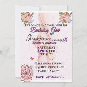 Ballerina turning 5 birthday party invitation