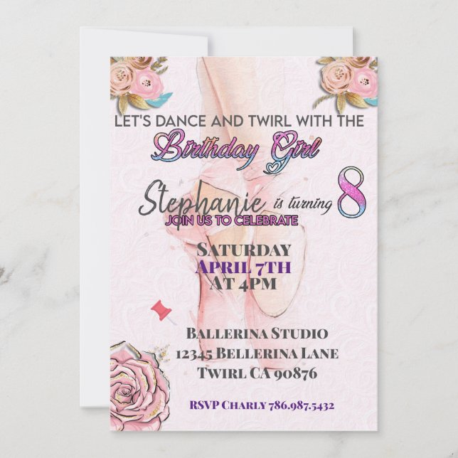 Ballerina turning 8 birthday invitation (Front)