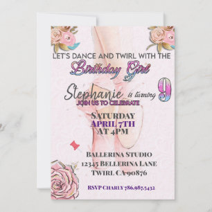 Ballerina turning 9 birthday invitation