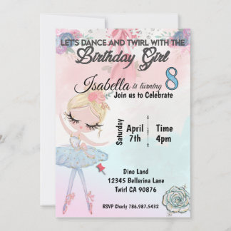 Ballerina turning eight birthday invitation