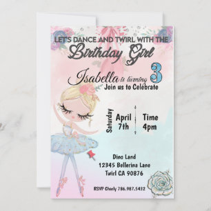 Ballerina turning three birthday invitation