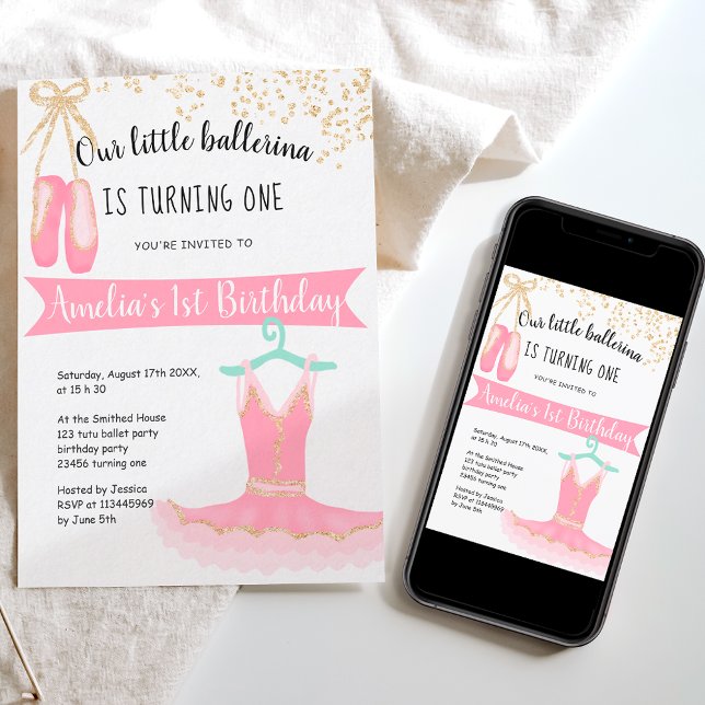 ballerina tutu Gold glitter confetti 1st birthday Invitation (Creator Uploaded)
