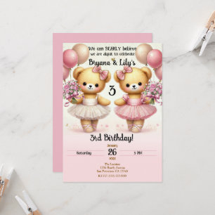 Ballerina Twinkle Toes Twin Bears Birthday Party Invitation