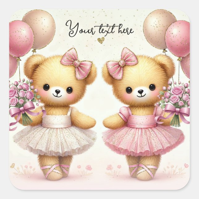 Ballerina Twinkle Toes Twin Bears Birthday Party Square Sticker (Front)