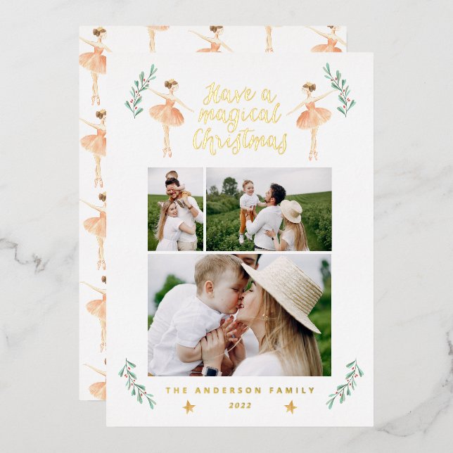 ballerina watercolor 3 photo foil holiday card (Front/Back)