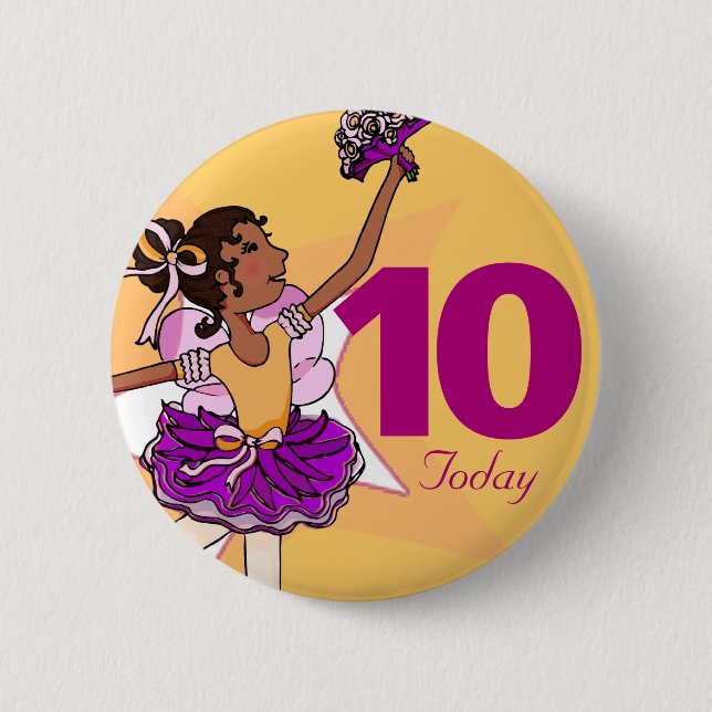 Ballerina yellow dark hair girl birthday button (Front)