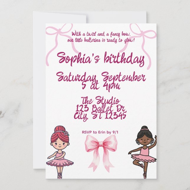 Ballerinas and Bows birthday party Invitation (Front)