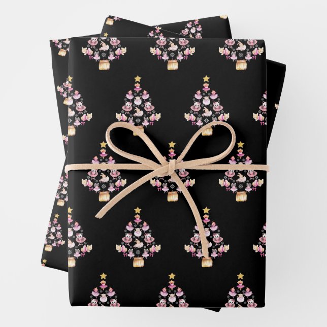 Ballet Animals Ballerina Christmas Tree Wrapping Paper Sheet (In situ)