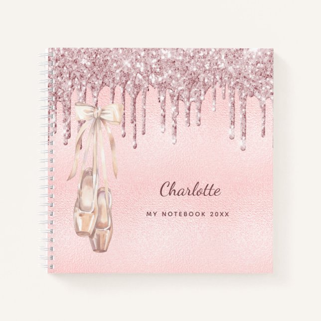 Ballet dance silver blush pink glitter monogram notebook (Front)